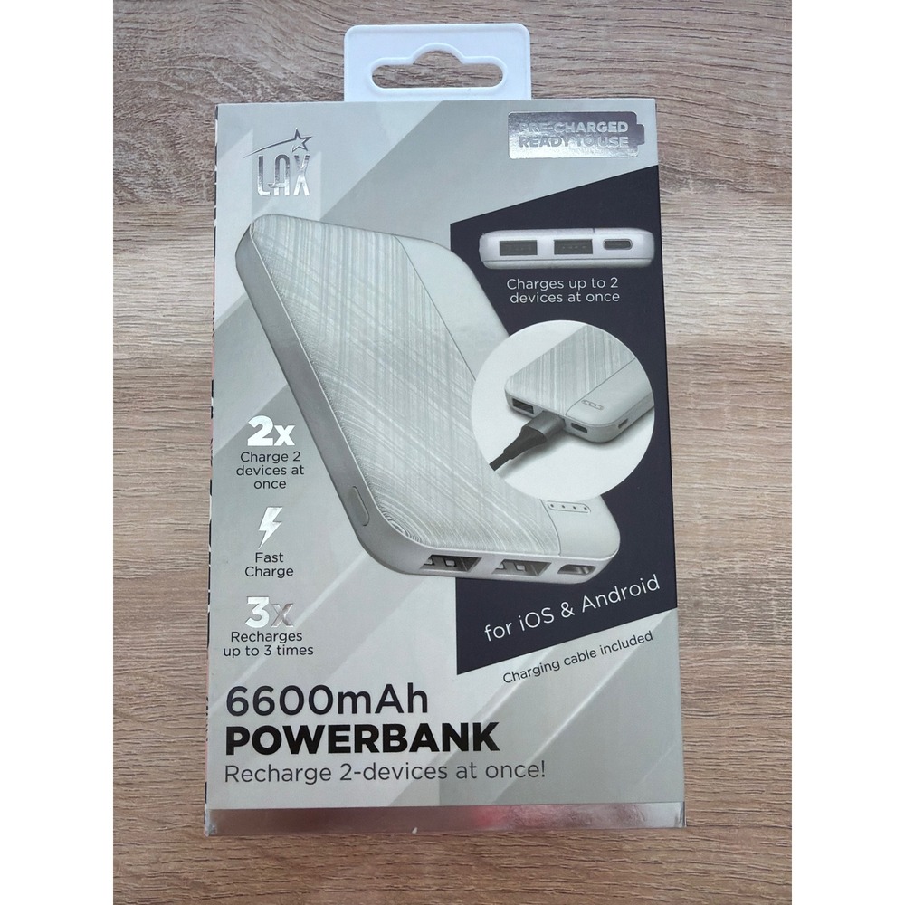 LAX 6600mAh Power Bank Portable Charger Dual USB Fast Charge White LX16W NIB